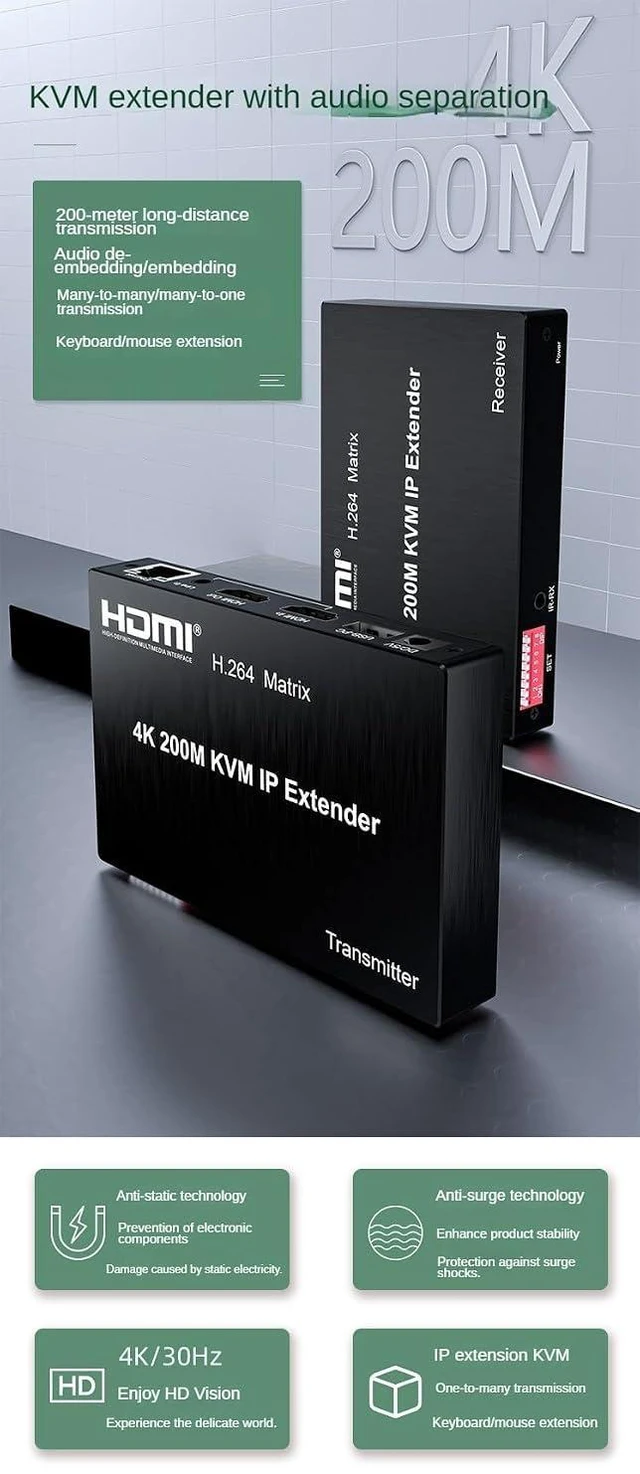 Alt view image 9 of 14 - 4K HDMI KVM IP Extender Over Cat5e/Cat6, H.264 Matrix Many-to-Many, 200M Range, Mouse and Keyboard Control for PC/TV