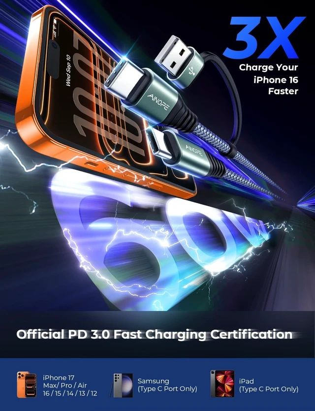 Alt view image 9 of 14 - 10FT USB C Cable Fast Charging with USB Adapter, Woven 60W USB to USB C Cable Type C Charger Fast Charging 10FT Long USB-C Cables for iPhone 17 Pro Max Air 16/15/14 Xbox X/S Wireless Controller
