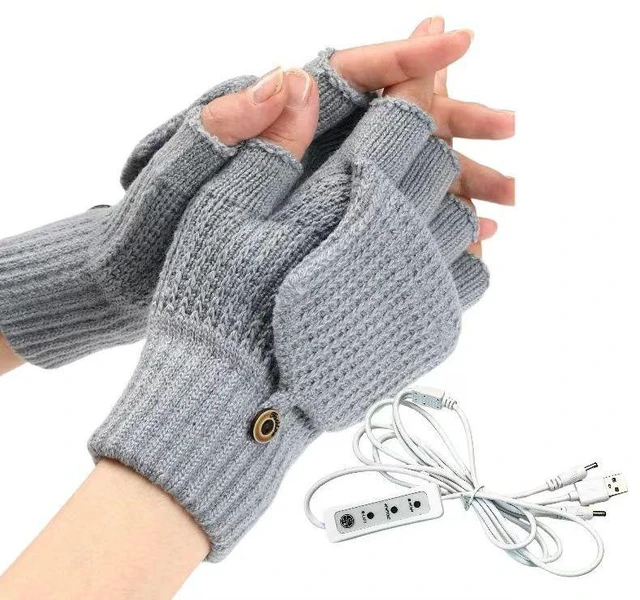Alt view image 2 of 2 - USB 5V Knitted Heated Gloves, Half Finger Flip Design with Double Sided Heating for Men Women, USB Powered Hand Warmers for Office Computer Use in Winter
