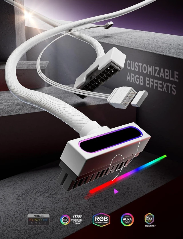 Alt view image 10 of 14 - Hydrus-24PIN PC PSU Extension, ATX 24PIN Motherboard Power Extension 90° Right Angle Design, 650W Power Supply, Perfect for PC Case Management & DIY Enthusiasts (White, 24Pin-ARGB)