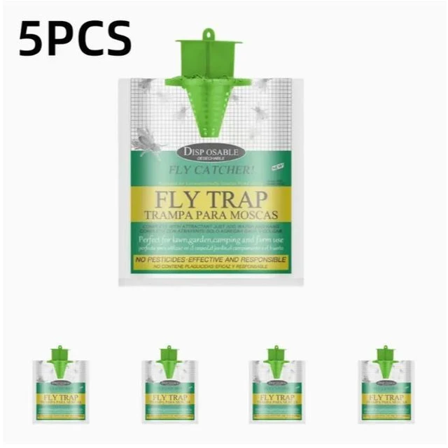 Alt view image 4 of 6 - 20 PCS Five green-headed fly traps, outdoor hanging foldable fly traps, fly capture bags