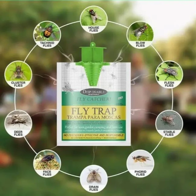 Alt view image 5 of 6 - 20 PCS Five green-headed fly traps, outdoor hanging foldable fly traps, fly capture bags