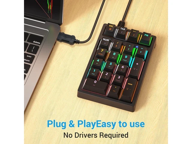 Alt view image 11 of 14 - Number Pad, Mechanical USB Wired Numeric Keypad with RGB LED Backlit 21 Key Numpad,Mechanical Numeric Keypad for Laptop Desktop Computer PC Blue Switch (Black)