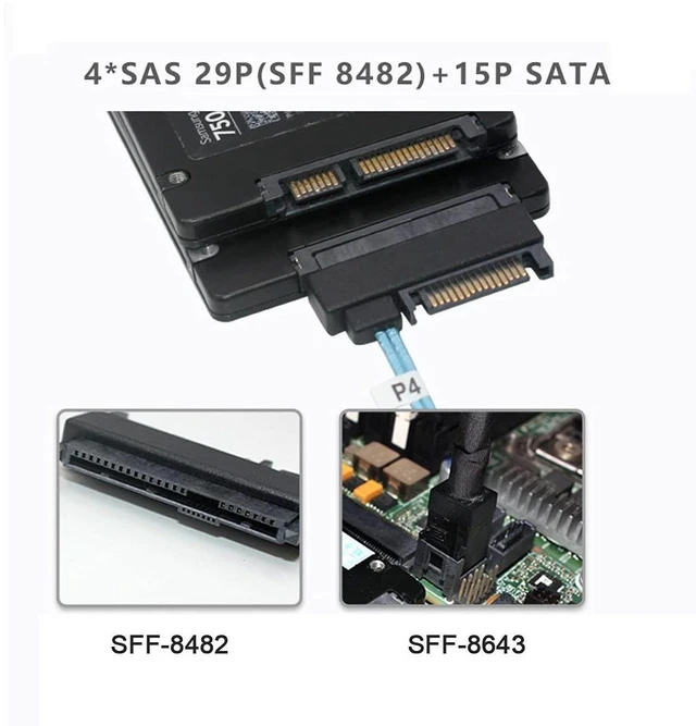 Alt view image 13 of 14 - Internal 36 Pin Mini SAS SFF-8087 Host to 4 SFF-8482 Target SAS Hard Disk and SATA Power Cable 50cm