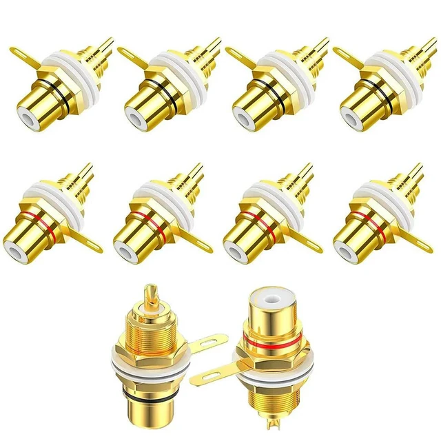 Alt view image 5 of 6 - 10Pcs RCA Female Jack Plated Rca Connector Gold Panel Mount Chassis Audio Socket Plug Bulkhead With Nut Solder Cup