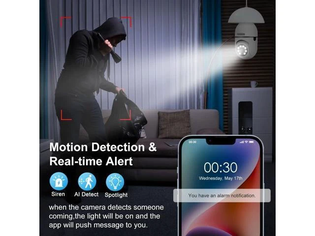 Alt view image 10 of 14 - HD 1080P Wireless Light Bulb Security Camera, 2.4g & 5g WiFi, Motion Auto Tracking, 2 Way Audio, Smart Night Vision, Support ONVIF & RTSP, Work with Alexa, SD Card & Cloud Storage, Free App