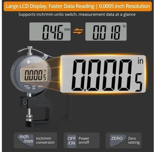 Alt view image 10 of 14 - Digital Thickness Gauge 0.5inch/12.7mm,0.0005inch/0.01mm LCD Display with Inch/MM Conversion One-Hand Quick Press Thickness Measuring Tool for Measuring Leather Paper Fabric Film etc.-Silver
