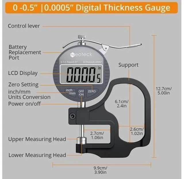 Alt view image 13 of 14 - Digital Thickness Gauge 0.5inch/12.7mm,0.0005inch/0.01mm LCD Display with Inch/MM Conversion One-Hand Quick Press Thickness Measuring Tool for Measuring Leather Paper Fabric Film etc.-Silver