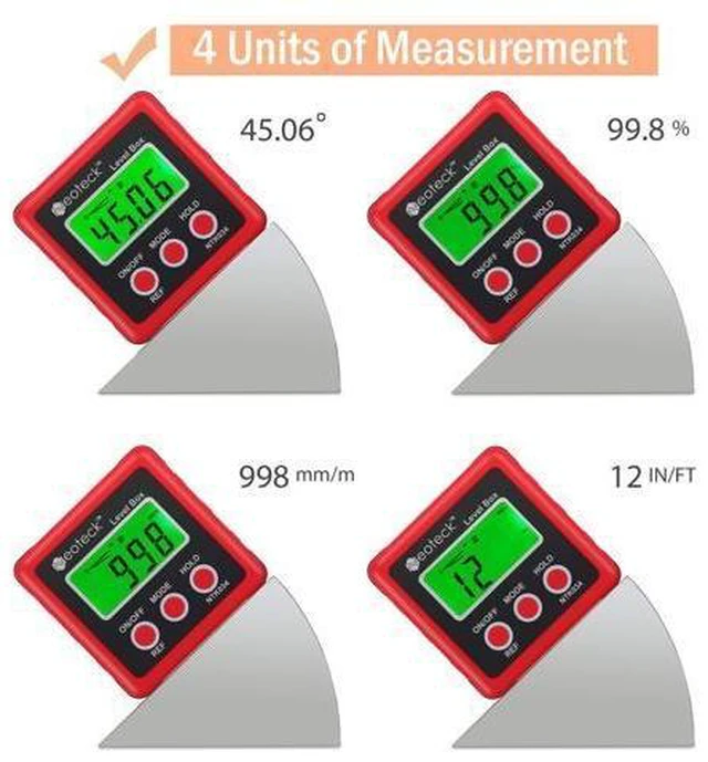 Alt view image 9 of 14 - Digital Angle Finder, Backlight LCD Digital Angle Gauge Protractor Inclinometer Bevel Box, Magnetic Base, Data Hold, IP54 Dust and Water Resistant- Red