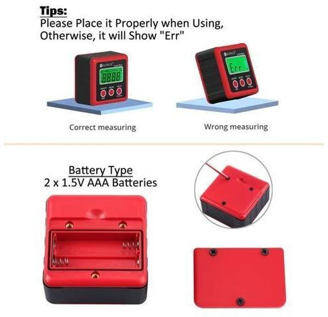 Alt view image 13 of 14 - Digital Angle Finder, Backlight LCD Digital Angle Gauge Protractor Inclinometer Bevel Box, Magnetic Base, Data Hold, IP54 Dust and Water Resistant- Red