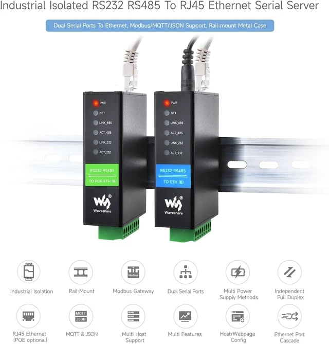 Alt view image 10 of 14 - Waveshare RS232 RS485 to RJ45 Ethernet Serial Server, RS232 and RS485 Dual Channels Independent Operation, Dual Ethernet Ports, PoE Network Port