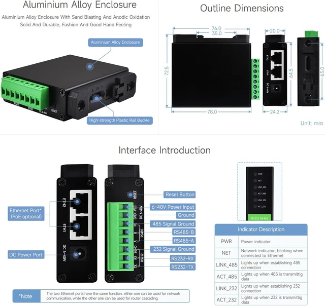 Alt view image 14 of 14 - Waveshare RS232 RS485 to RJ45 Ethernet Serial Server, RS232 and RS485 Dual Channels Independent Operation, Dual Ethernet Ports, PoE Network Port