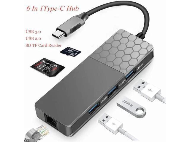 Alt view image 6 of 10 - 6 In 1Type-C Hub USB-C Type-C Hub Docking Station USB 3.0 / RJ45 Fast Speed Transfer SD TF Card Reader Adaptors Charger Hub