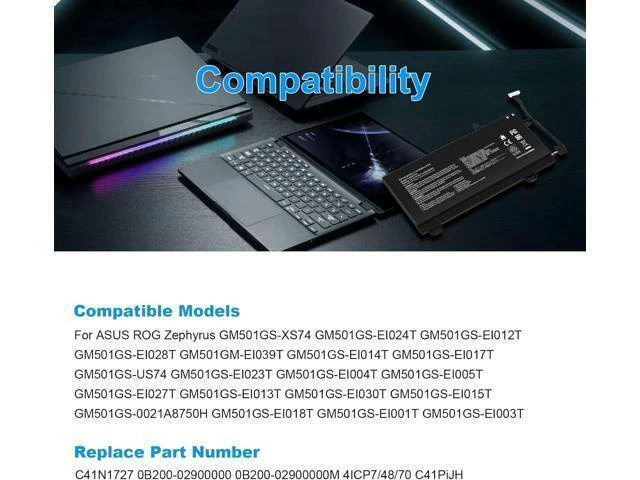 Alt view image 14 of 14 - C41N1727 Laptop Battery Replacement for Asus Zephyrus M GM501 GM501G GM501GM GM501GS ROG GU501 GU501G GU501GM GM501G-SEI006T GM501GS-EI015T GU501GM-BI7N8 GM501GM-EI005T GM501GS-EI003T 15.4V 55Wh