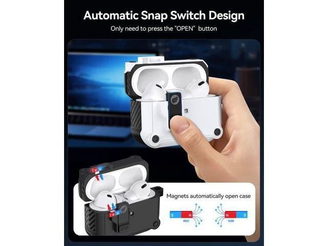Alt view image 12 of 14 - for Airpods Pro 2 Protective Cases Automatic Pop-up with Safety Lock Clip, Shockproof Hard Shell Cover with Keychain, Drop-Resistant for Apple AirPods-CP52P-BK