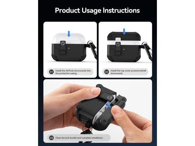 Alt view image 14 of 14 - for Airpods Pro 2 Protective Cases Automatic Pop-up with Safety Lock Clip, Shockproof Hard Shell Cover with Keychain, Drop-Resistant for Apple AirPods-CP52P-BK