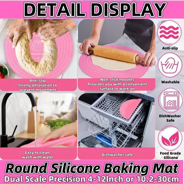 Alt view image 4 of 6 - Silicone Baking Mat Cake Mat Silicone Cake Mat Silicone Baking Mat with Measurements for CakeTurntable Stand Non-Stick Heat Resistant Pastry Baking Sheet -Pink