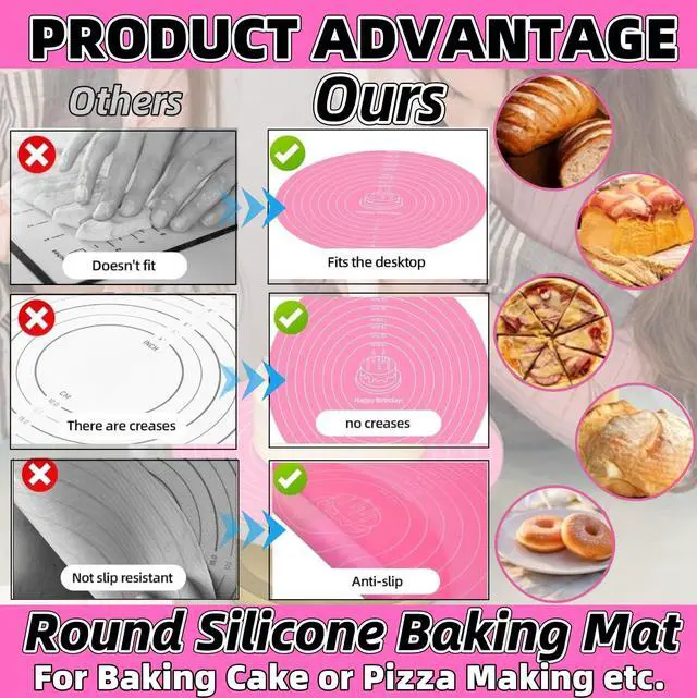 Alt view image 5 of 6 - Silicone Baking Mat Cake Mat Silicone Cake Mat Silicone Baking Mat with Measurements for CakeTurntable Stand Non-Stick Heat Resistant Pastry Baking Sheet -Pink