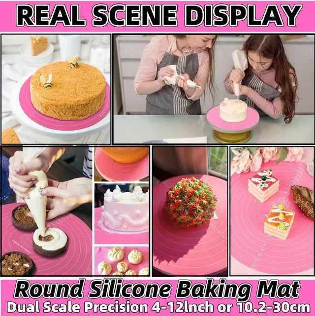 Alt view image 6 of 6 - Silicone Baking Mat Cake Mat Silicone Cake Mat Silicone Baking Mat with Measurements for CakeTurntable Stand Non-Stick Heat Resistant Pastry Baking Sheet -Pink