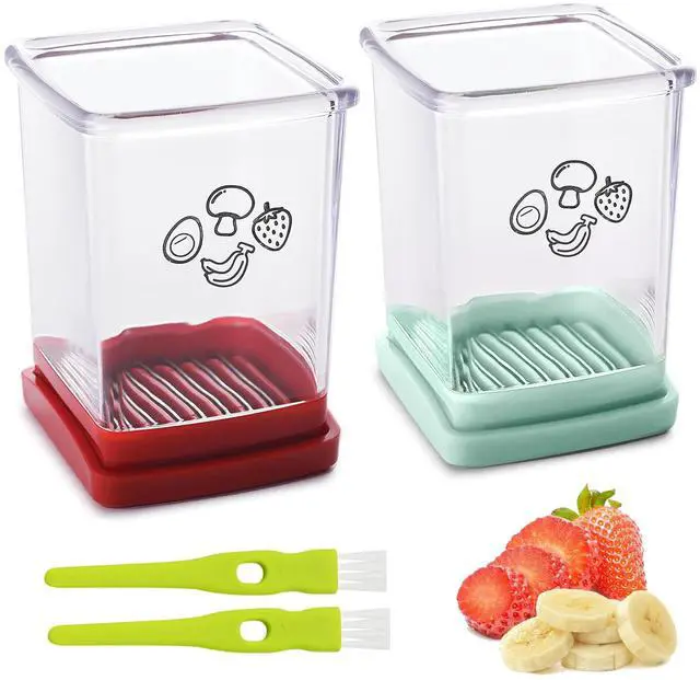Main image of Cup Slicer, Stainless Steel Strawberry & Banana Slicer, Speed Fruit Cutter with Push Plate, Quickly Making Salad, Must Have Kitchen Gadget (Cyan+Red)