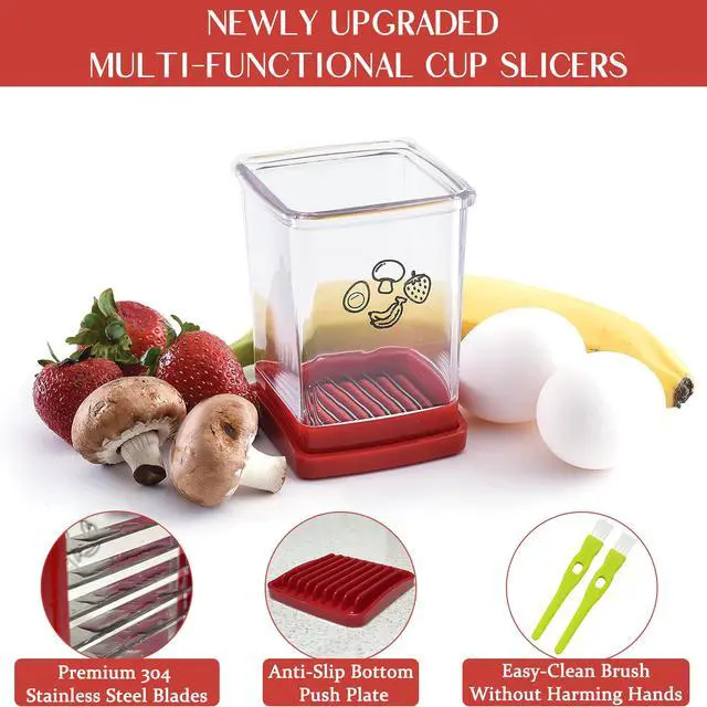 Alt view image 4 of 6 - Cup Slicer, Stainless Steel Strawberry & Banana Slicer, Speed Fruit Cutter with Push Plate, Quickly Making Salad, Must Have Kitchen Gadget (Cyan+Red)