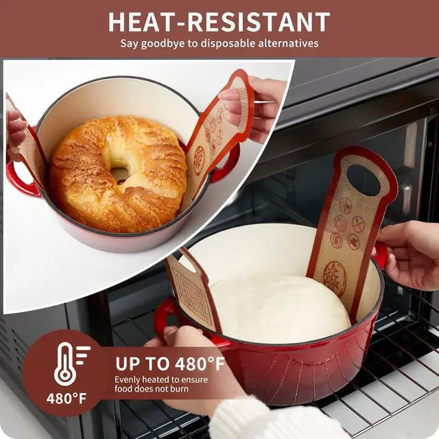 Alt view image 3 of 7 - Silicone Sourdough Bread Sling Mat - 2Set Round Dough Baking Slings For Dutch Oven, NonStick High Degree Kitchen Sourbread Making Loaf Pan Lifter Liner, Reusable Cooking Transfer Mats with Long Handle