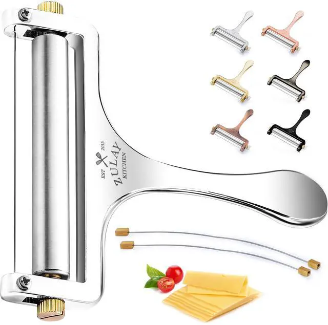 Main image of Stainless Steel Wire Cheese Slicer - Adjustable Hand Held Cheese Cutter with 2 Extra Wires - Premium Cheese Knife for Mozzarella, Cheddar, Gruyere - Cheese Cutter with Wire (Silver)