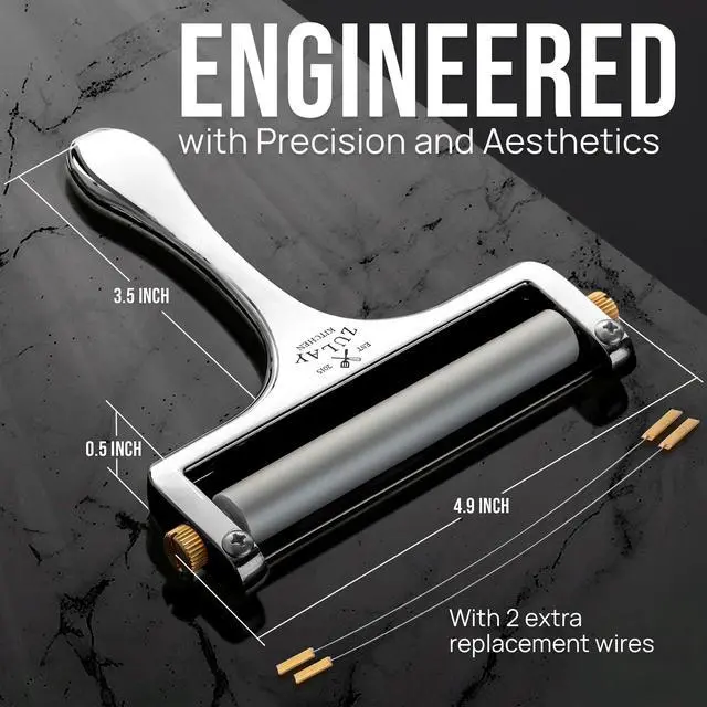 Alt view image 2 of 7 - Stainless Steel Wire Cheese Slicer - Adjustable Hand Held Cheese Cutter with 2 Extra Wires - Premium Cheese Knife for Mozzarella, Cheddar, Gruyere - Cheese Cutter with Wire (Silver)