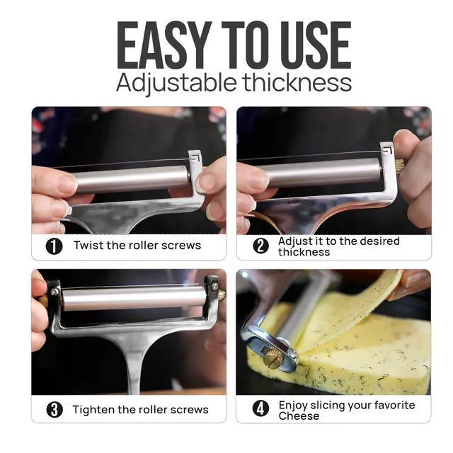 Alt view image 5 of 7 - Stainless Steel Wire Cheese Slicer - Adjustable Hand Held Cheese Cutter with 2 Extra Wires - Premium Cheese Knife for Mozzarella, Cheddar, Gruyere - Cheese Cutter with Wire (Silver)