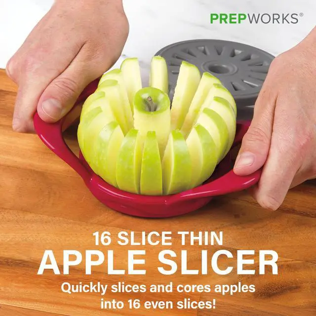Alt view image 2 of 7 - Apple Slicer and Corer, Attached Safety Cover, Cuts 16 Thin Apple Slices, Red