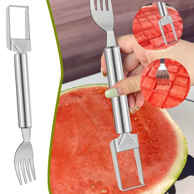Alt view image 3 of 7 - 2-in-1 Watermelon Slicer & Fork Stainless Steel Fruit Cutter Tool for Watermelon, Mango, Pitaya Portable for Camping, Picnics, Home, Parties Effortless Cubes & No Mess