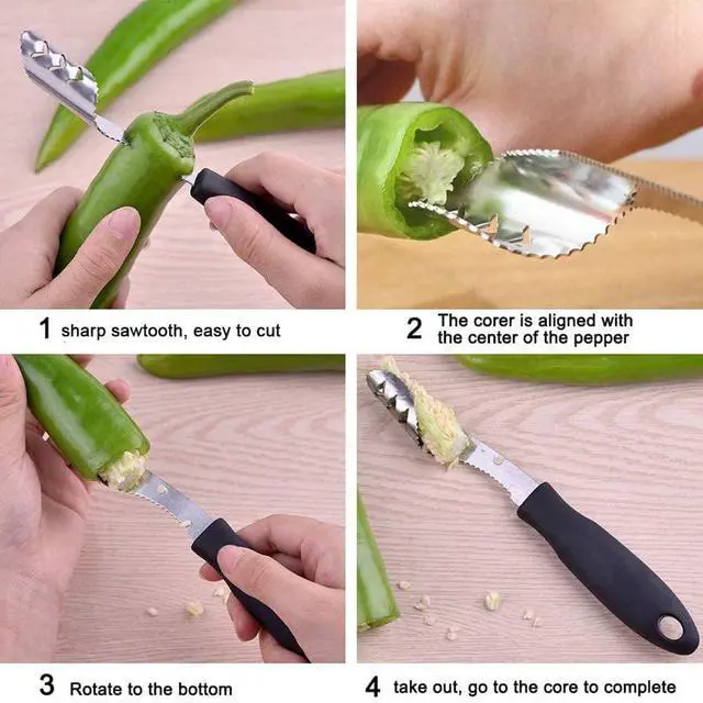 Alt view image 3 of 6 - Jalapeno Corer Tool with Serrated Slice and Rubber Handle Easily Seed Remover or Slice off Vegetables tops for Efficient Cooking and Grilling