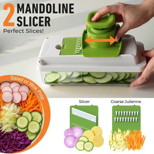 Alt view image 5 of 7 - Vegetable Chopper, Mandoline Slicer, Food Veggie Chopper, Cheese Grater, Onion Vegetable Cutter with Container, Dicer, Kitchen Gadgets & Essentials, White Sand/Green
