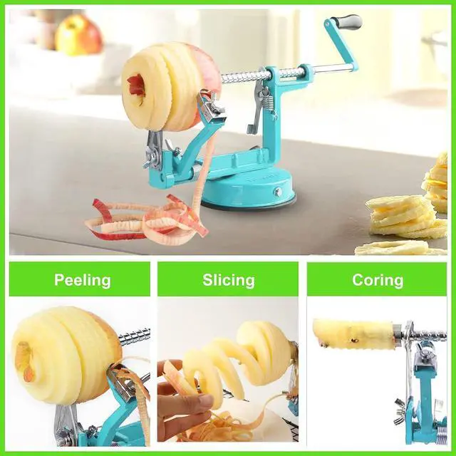 Alt view image 4 of 6 - Apple Peeler Corer, Long lasting Chrome Cast Magnesium Alloy Apple Peeler Slicer Corer with Stainless Steel Blades and Powerful Suction Base for Apples and Potato(Blue)