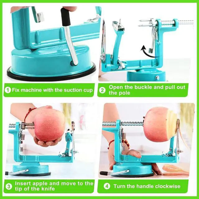 Alt view image 5 of 6 - Apple Peeler Corer, Long lasting Chrome Cast Magnesium Alloy Apple Peeler Slicer Corer with Stainless Steel Blades and Powerful Suction Base for Apples and Potato(Blue)