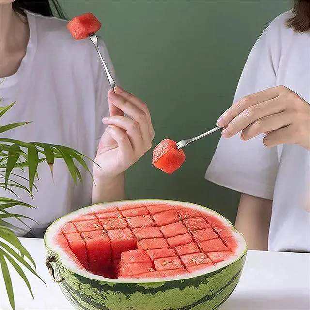 Alt view image 4 of 7 - Watermelon Cutter Slicer,Stainless Steel Watermelon Cube Cutter Quickly Safe Watermelon Knife,Fun Fruit Knives Salad Melon Baller for Kitchen Gadget