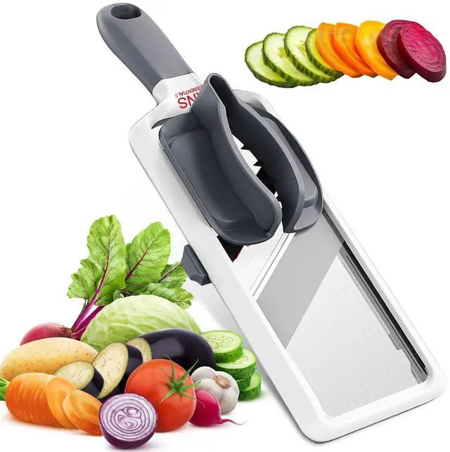 Main image of Mandoline Slicer for Kitchen Adjustable Stainless Steel Blades, with Comfort Grip Vegetable Slicer for Small to Medium sized Cucumber, Onion, Potato Gray