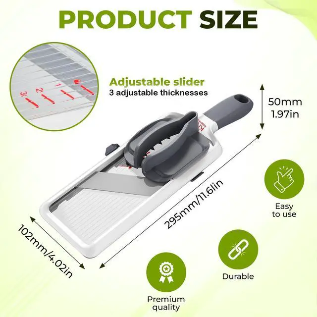 Alt view image 3 of 7 - Mandoline Slicer for Kitchen Adjustable Stainless Steel Blades, with Comfort Grip Vegetable Slicer for Small to Medium sized Cucumber, Onion, Potato Gray