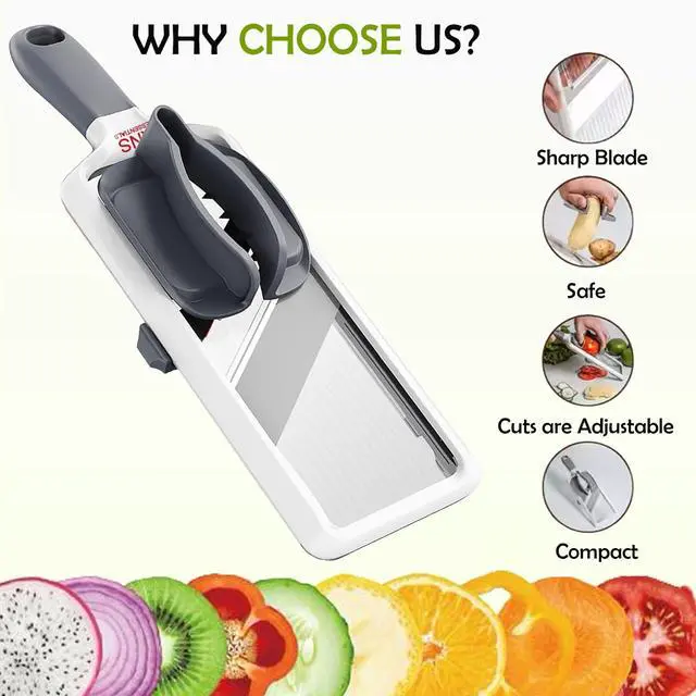 Alt view image 4 of 7 - Mandoline Slicer for Kitchen Adjustable Stainless Steel Blades, with Comfort Grip Vegetable Slicer for Small to Medium sized Cucumber, Onion, Potato Gray