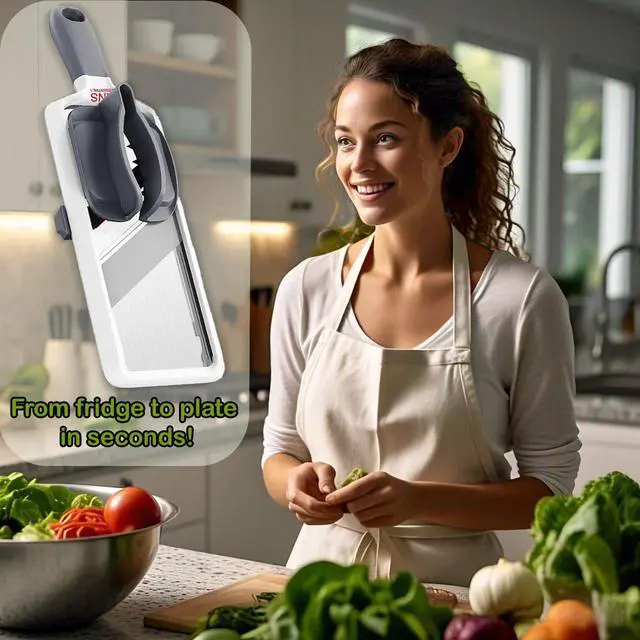 Alt view image 7 of 7 - Mandoline Slicer for Kitchen Adjustable Stainless Steel Blades, with Comfort Grip Vegetable Slicer for Small to Medium sized Cucumber, Onion, Potato Gray