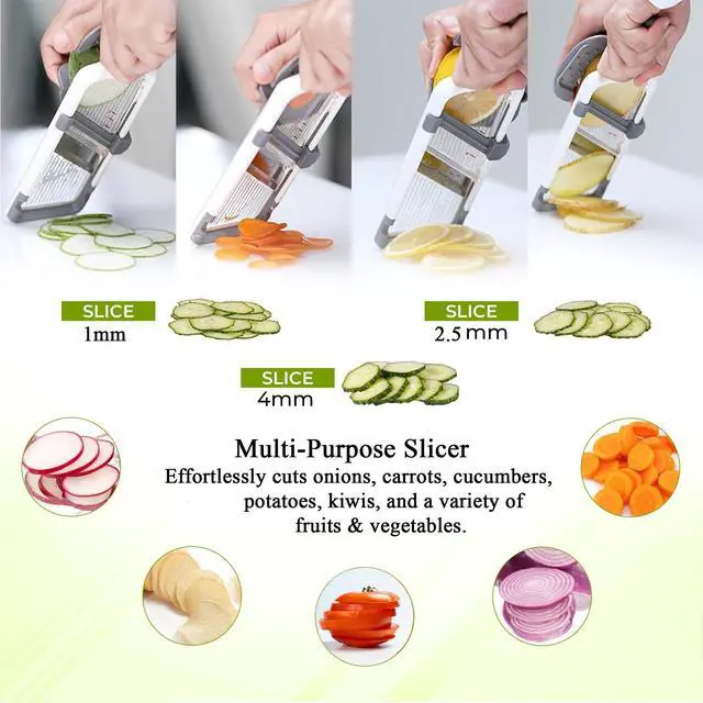 Alt view image 5 of 7 - Mandoline Slicer for Kitchen Adjustable Stainless Steel Blades, with Comfort Grip Vegetable Slicer for Small to Medium sized Cucumber, Onion, Potato Gray