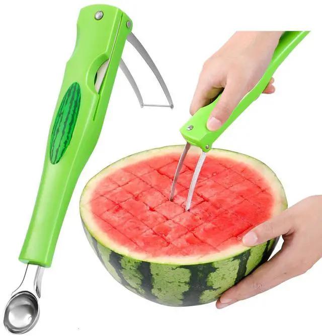 Main image of Premium Watermelon Cutter - 3 in 1 Watermelon Cutter Slicer Tool - Foldable Watermelon Slicer - Fruit Cutter for Kitchen Gadgets - Stainless Steel Watermelon Knife - Melon Baller Scoop
