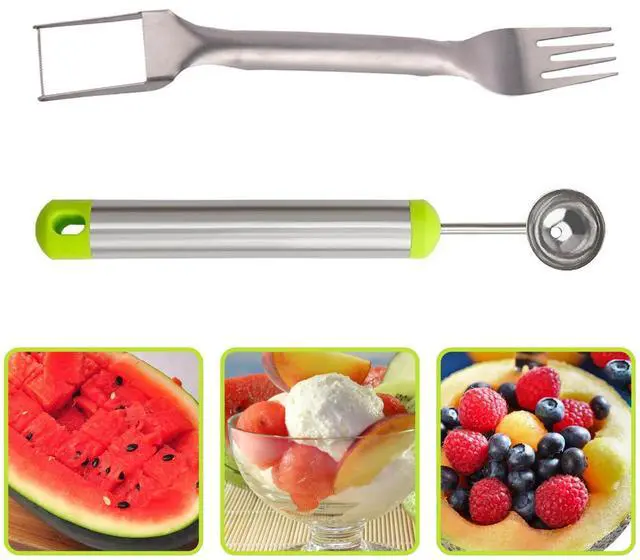 Main image of 2-in-1 Stainless Steel Watermelon Fruit Cutter Slicer Tool and Melon Baller Scoop Fruit Ball Cutter Set, Dual Head Fork Knife Melon Cutter Cutting Tool.