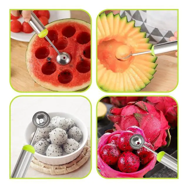 Alt view image 3 of 6 - 2-in-1 Stainless Steel Watermelon Fruit Cutter Slicer Tool and Melon Baller Scoop Fruit Ball Cutter Set, Dual Head Fork Knife Melon Cutter Cutting Tool.