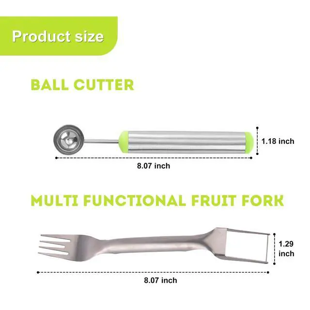 Alt view image 2 of 6 - 2-in-1 Stainless Steel Watermelon Fruit Cutter Slicer Tool and Melon Baller Scoop Fruit Ball Cutter Set, Dual Head Fork Knife Melon Cutter Cutting Tool.