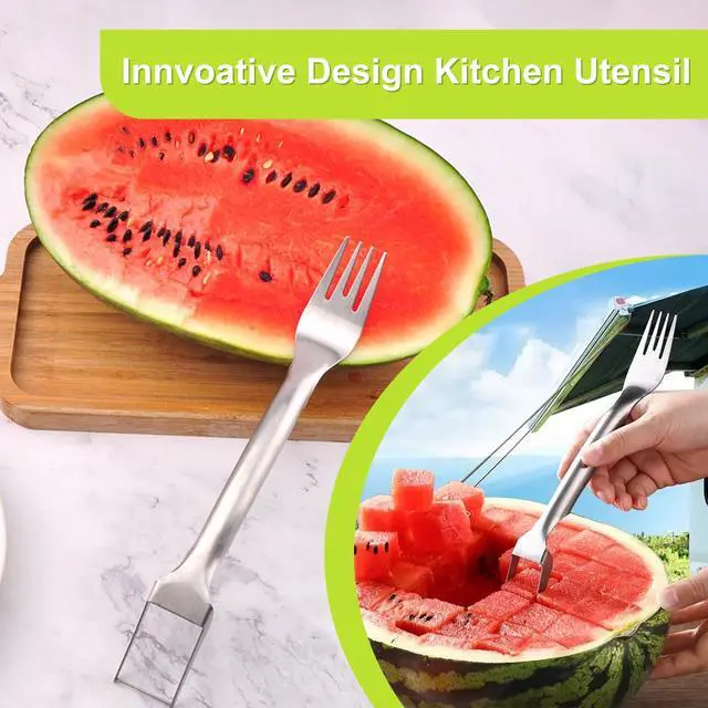 Alt view image 6 of 6 - 2-in-1 Stainless Steel Watermelon Fruit Cutter Slicer Tool and Melon Baller Scoop Fruit Ball Cutter Set, Dual Head Fork Knife Melon Cutter Cutting Tool.