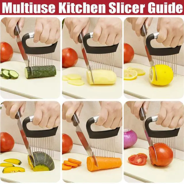 Alt view image 2 of 7 - Onion Slicer with Protective Cover - Stainless Steel Cutter for Slicing Tomatoes, Potatoes, Avocados - Multiuse Vegetable Chopper and Meat Tenderizer