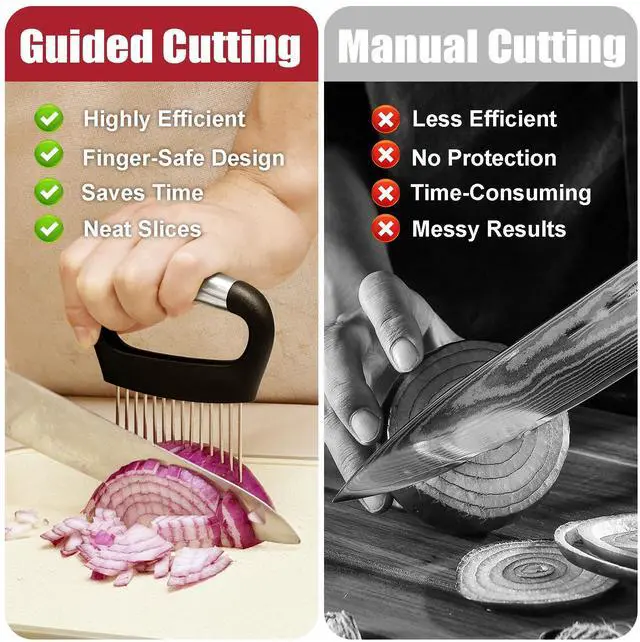 Alt view image 4 of 7 - Onion Slicer with Protective Cover - Stainless Steel Cutter for Slicing Tomatoes, Potatoes, Avocados - Multiuse Vegetable Chopper and Meat Tenderizer