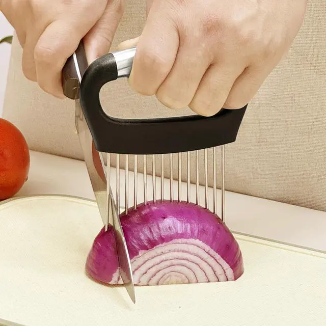 Alt view image 7 of 7 - Onion Slicer with Protective Cover - Stainless Steel Cutter for Slicing Tomatoes, Potatoes, Avocados - Multiuse Vegetable Chopper and Meat Tenderizer