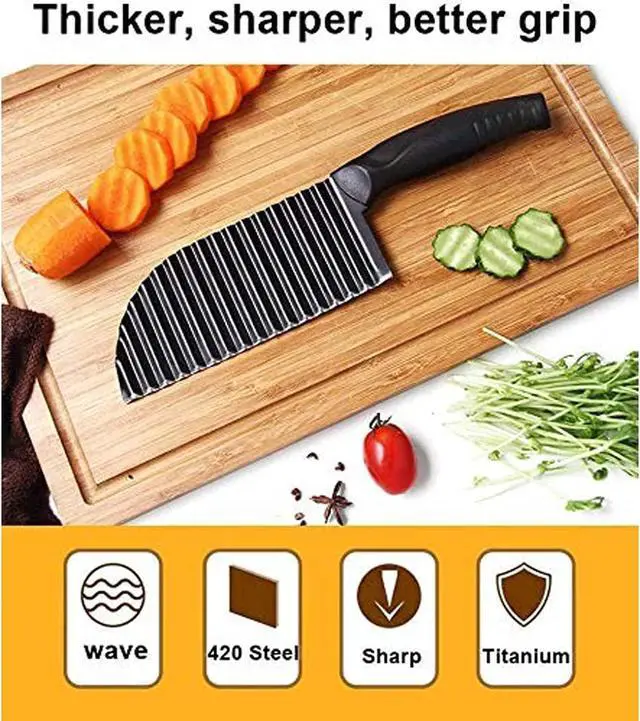 Alt view image 2 of 7 - Crinkle Potato Cutter 2.9" x 11.8" Stainless Steel Waves French Fries Slicer Handheld Chipper Chopper, Vegetable Salad Chopping Knife Home Kitchen Wavy Blade Cutting Tool, Black (1 Pack)